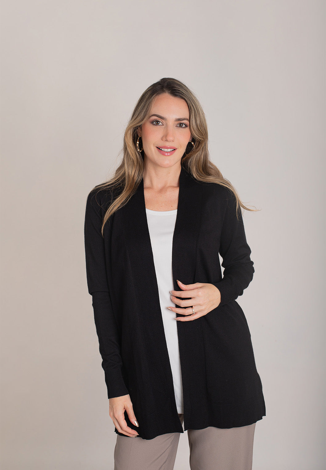 Long Cardigan Long Sleeve Open Front Knit Cardigan  - Black