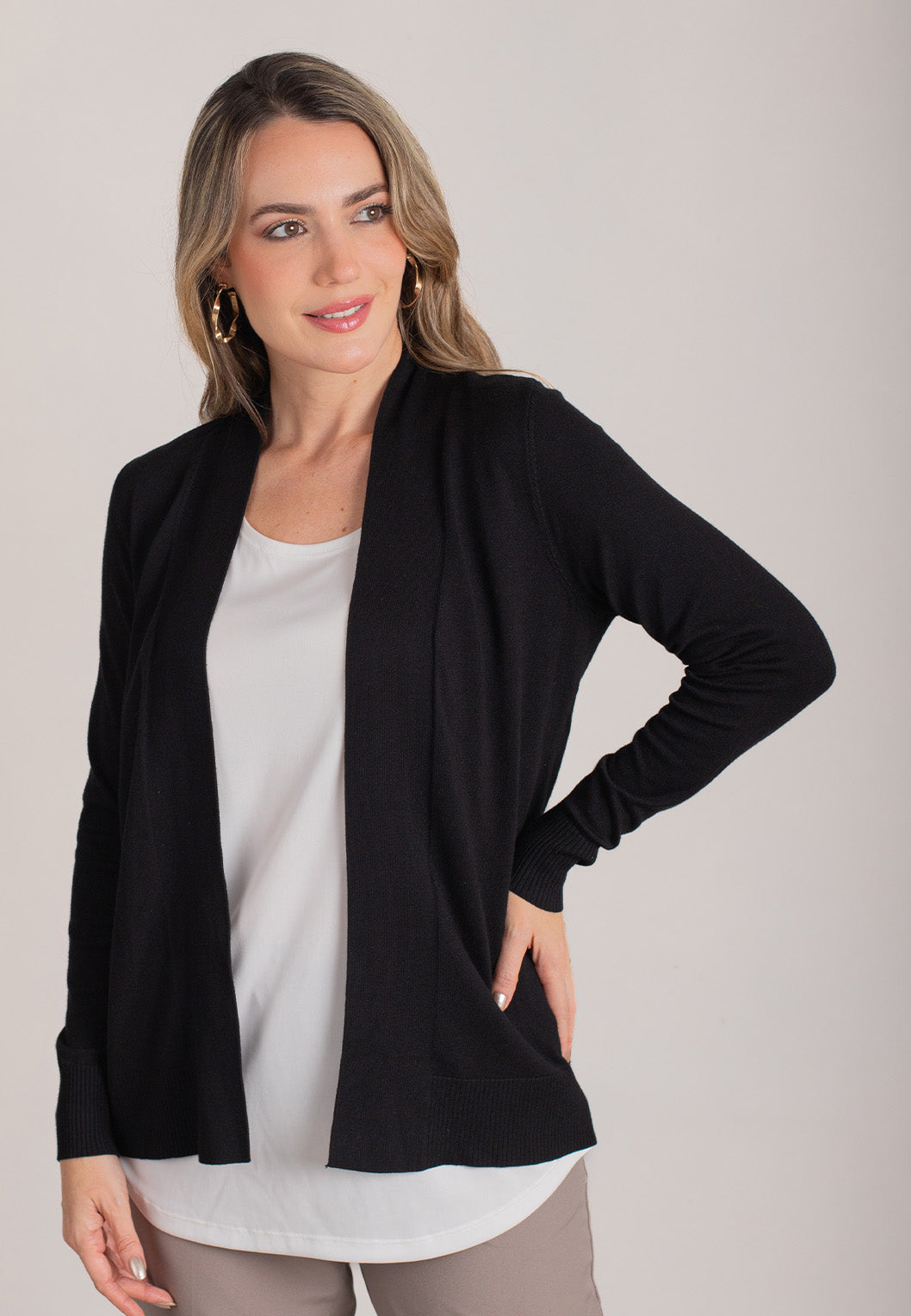 Mid-length Cardigan Long Sleeve Open Front Knit Cardigan  - Black