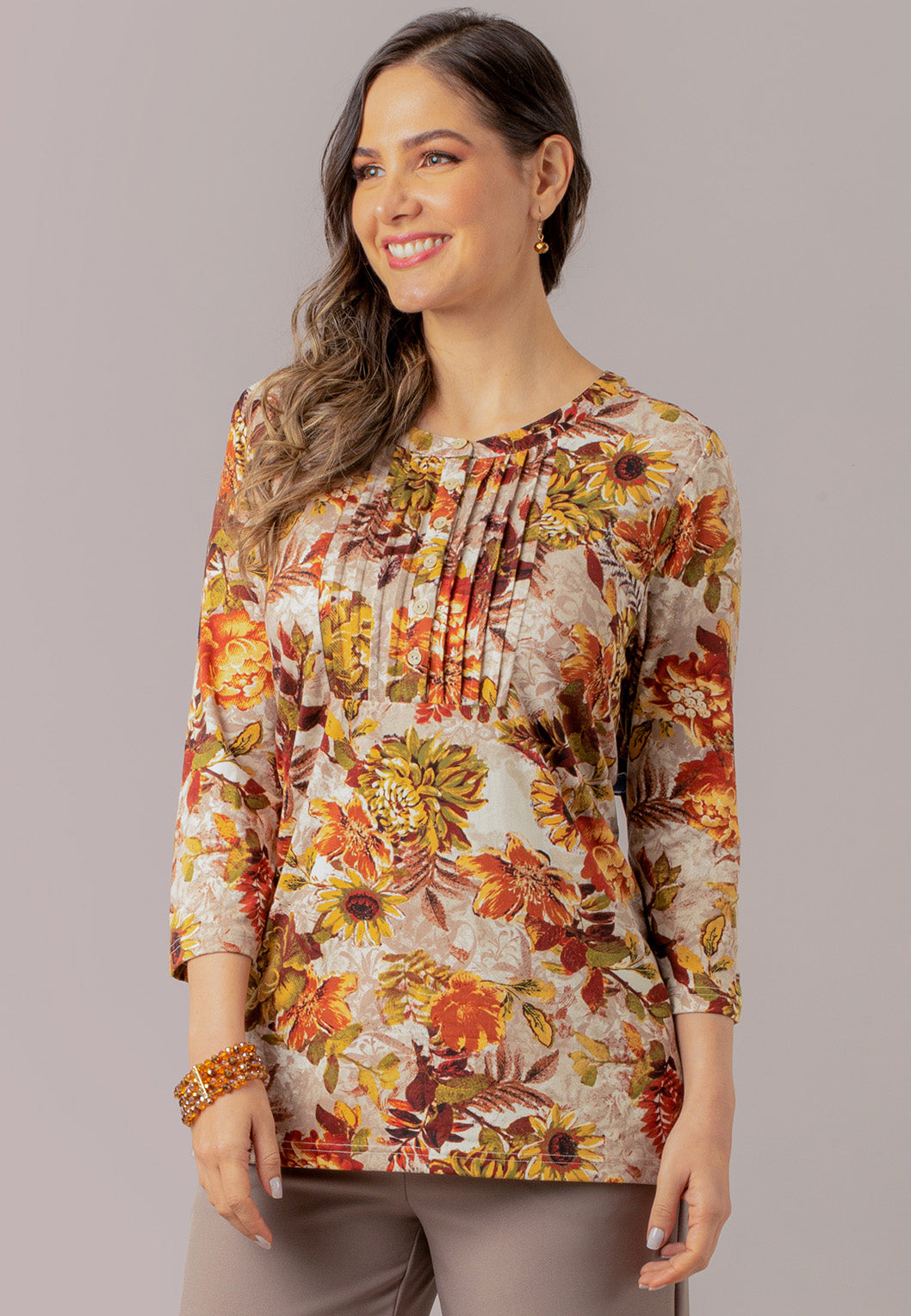 3/4 Sleeve Floral Leaves Print Top