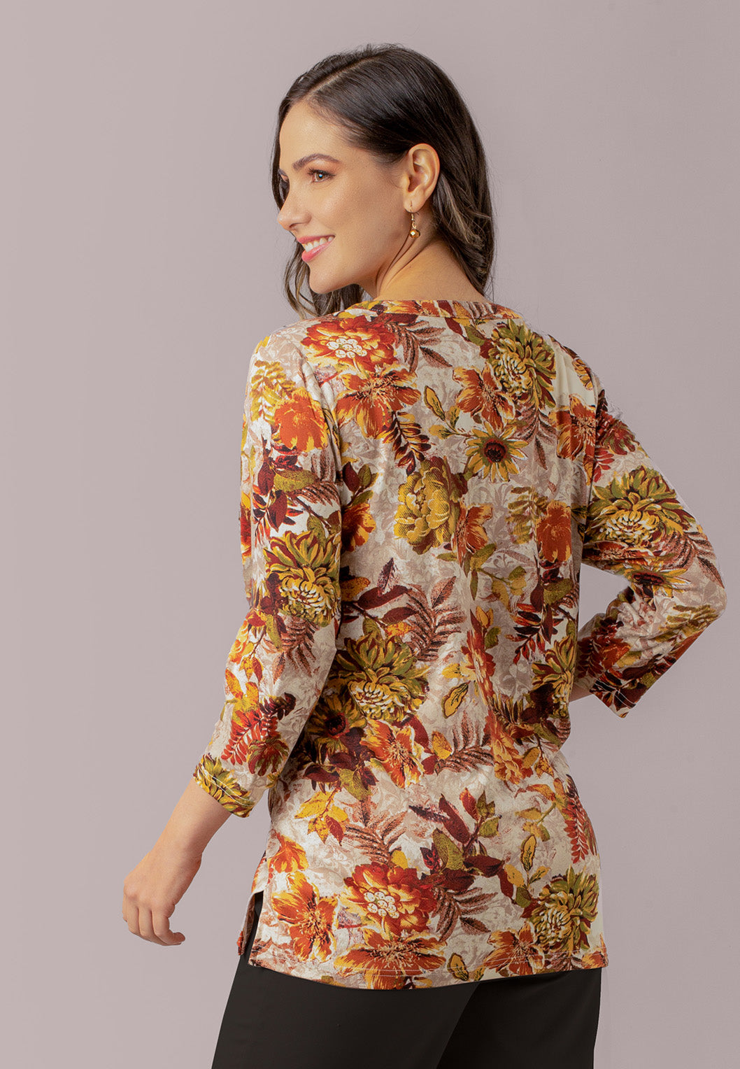 3/4 Sleeve Floral Leaves Print Top