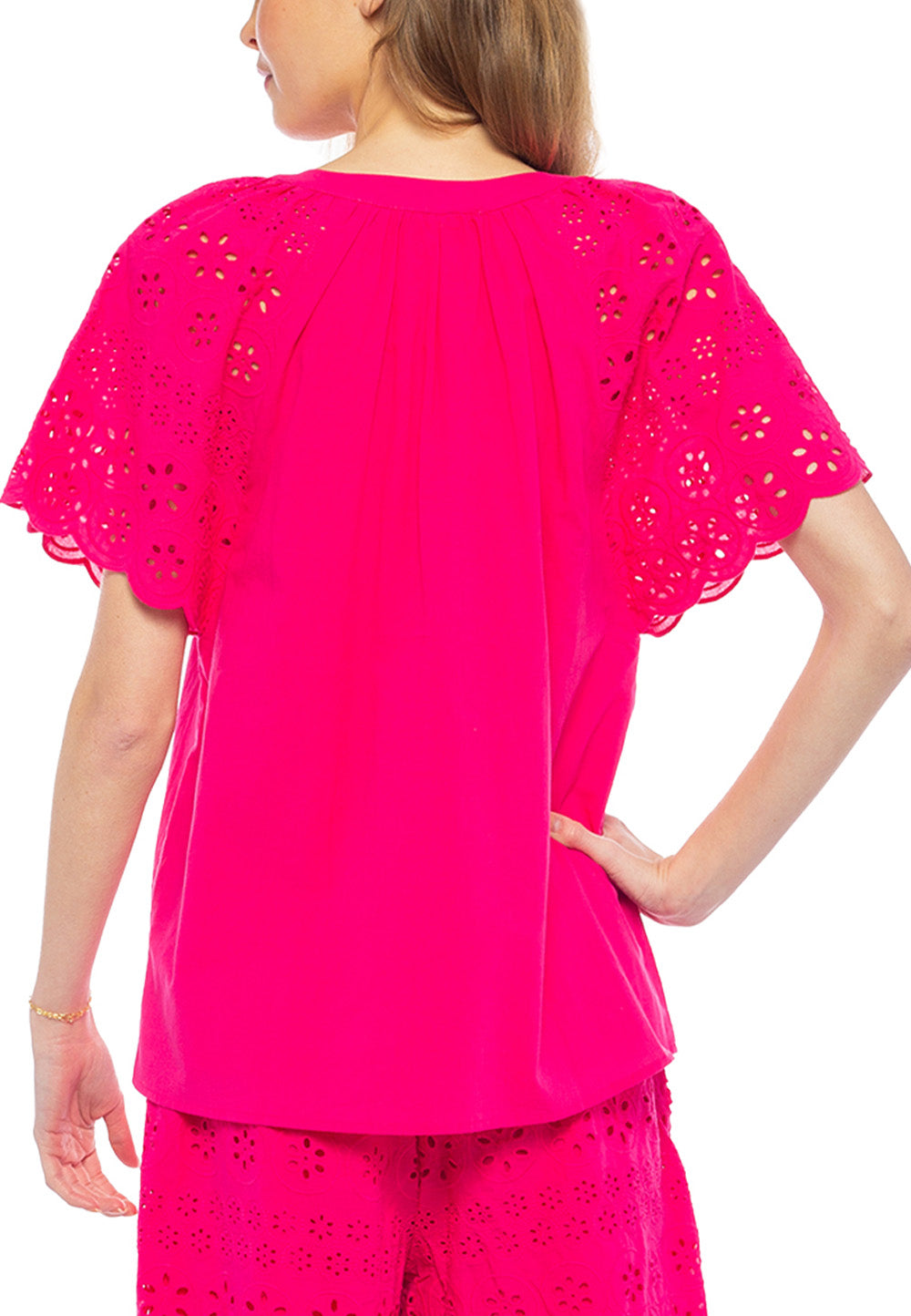 Pink Eyelet Flutter Sleeve Blouse