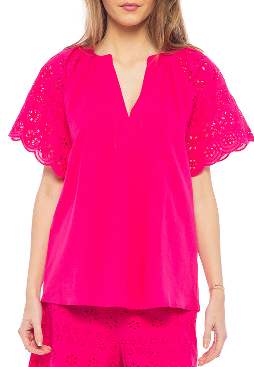 Pink Eyelet Flutter Sleeve Blouse