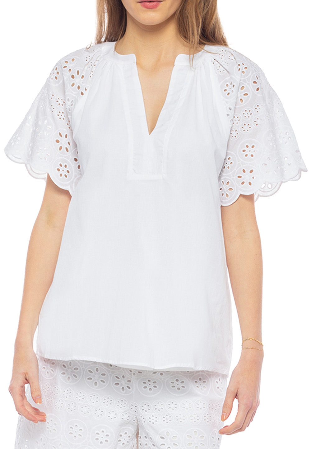 White Eyelet Flutter Sleeve Blouse