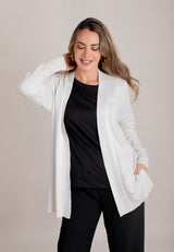 Long Cardigan Long Sleeve Open Front Knit Cardigan  - White