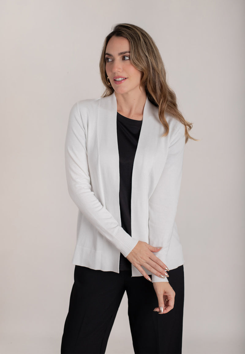 Mid-length Cardigan Long Sleeve Open Front Knit Cardigan  - White