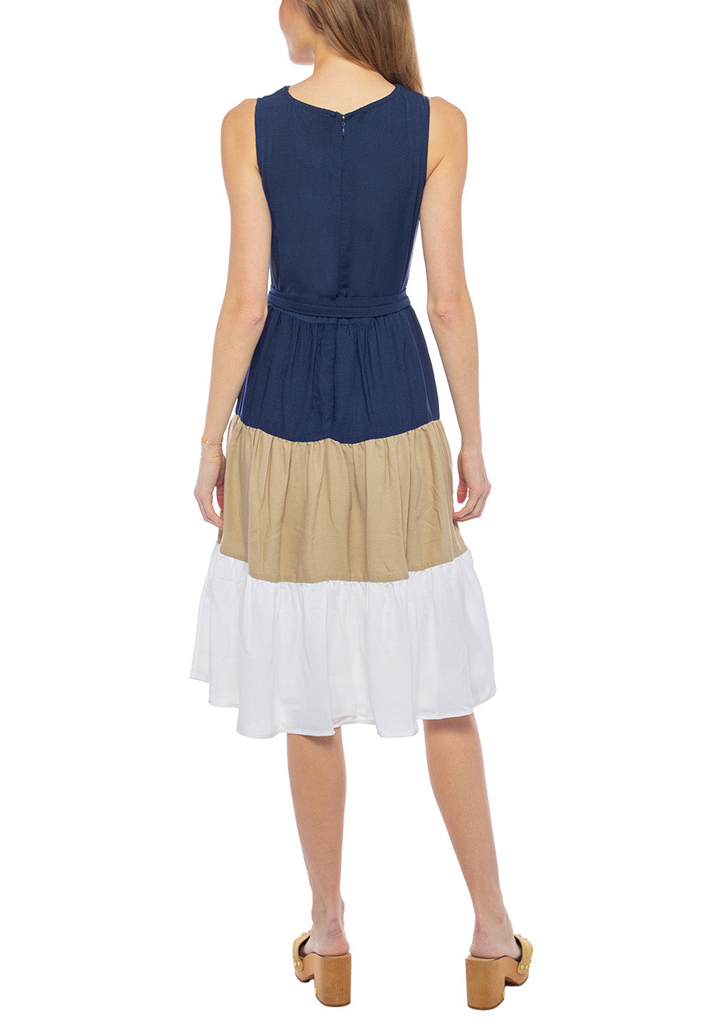 Linen Color Block Tie Waist Tiered Dress