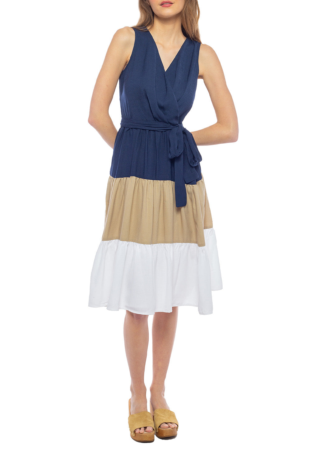 Linen Color Block Tie Waist Tiered Dress