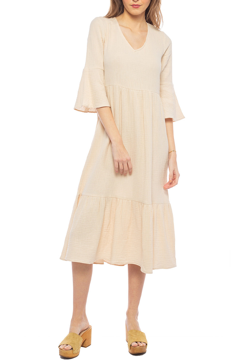 Tiered Gauze Dress with Bell Sleeves