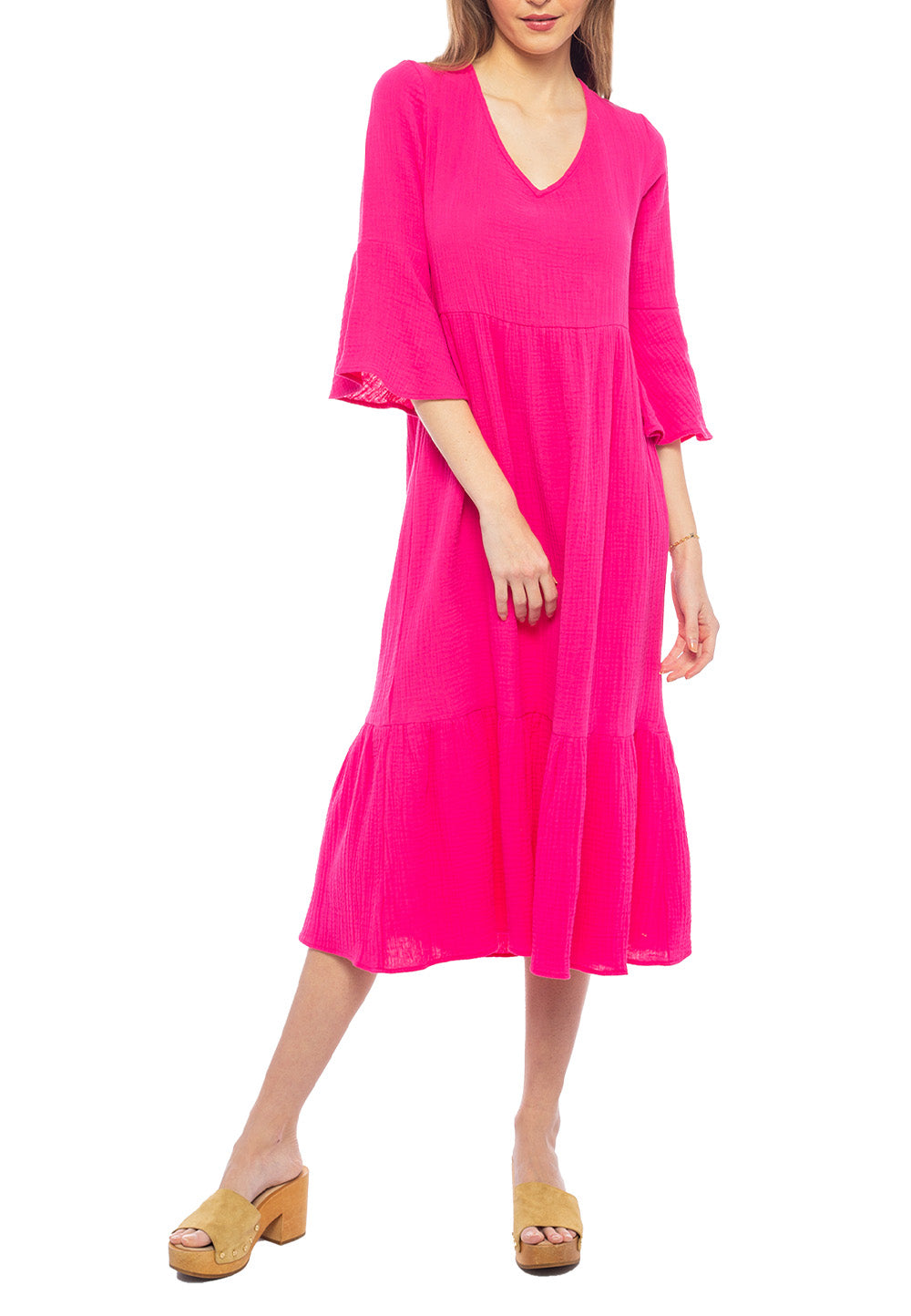 Tiered Gauze Dress with Bell Sleeves