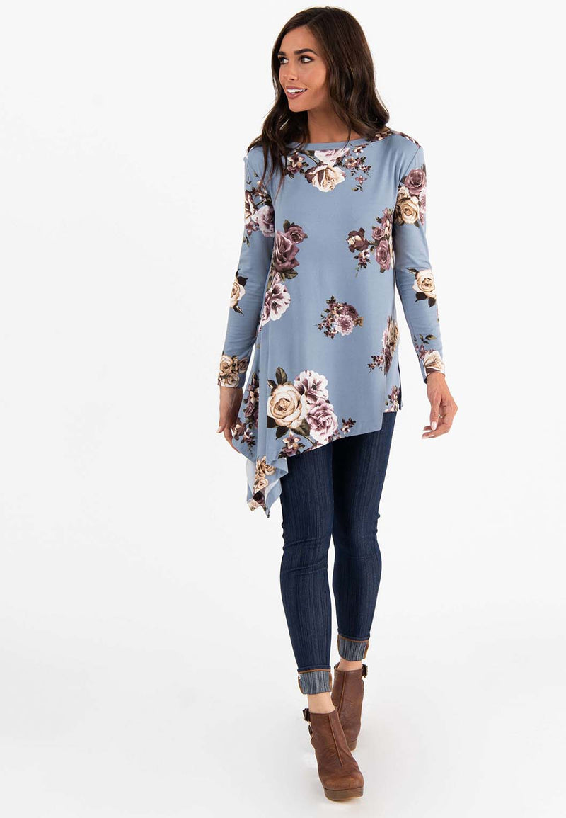 Asymmetrical Tunic Baby Suede Cloud Blue Floral